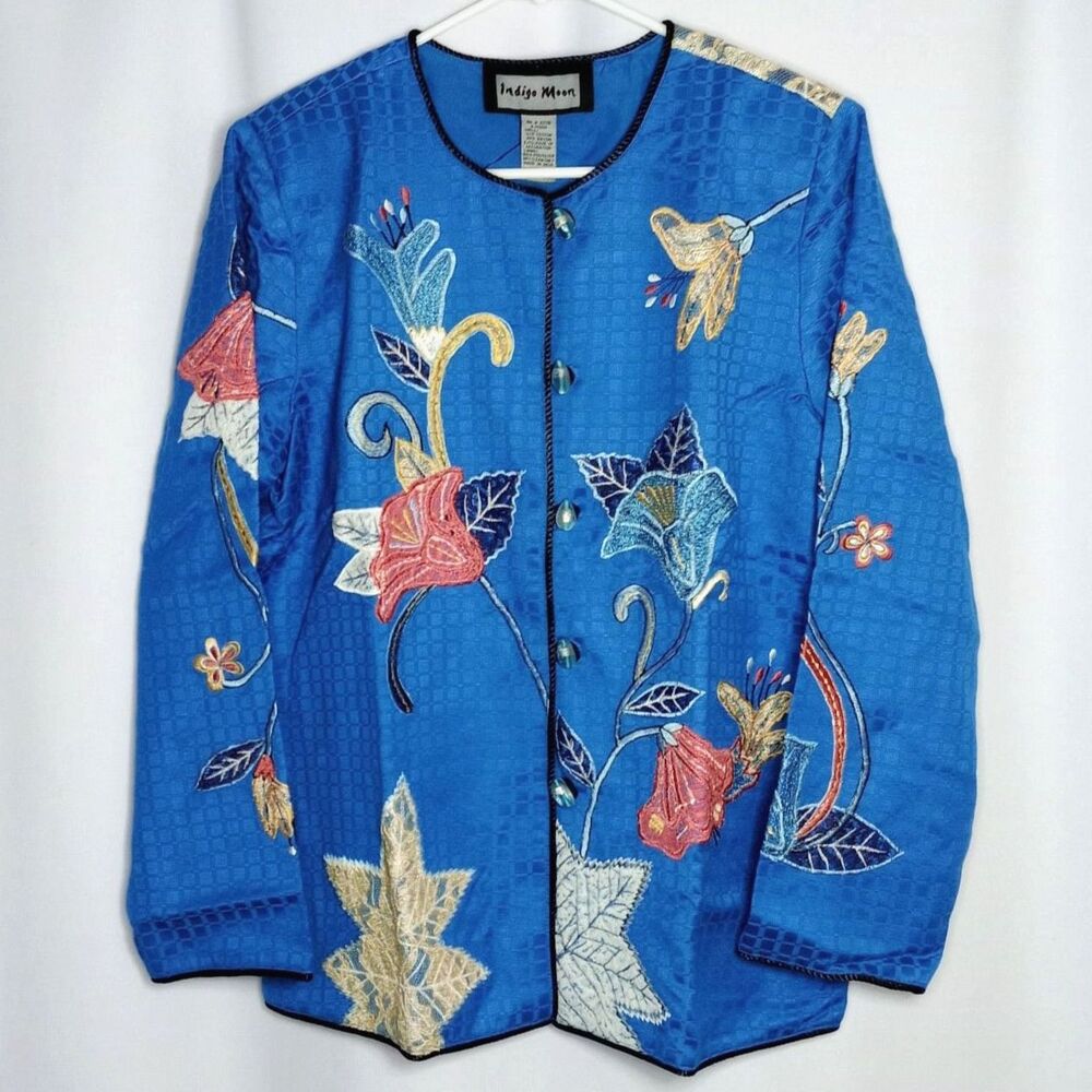 Indigo Moon Floral Embroidery Jacket Vtg Lined Blazer Embellished NWT Womens Med